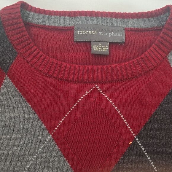 Tricot St Raphal Mens Diamond Plaid Argyle Crewneck Sweater Dark Red S - Picture 3 of 8
